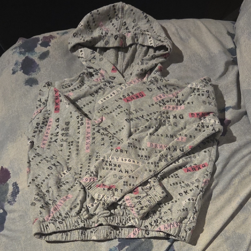 DKNY Gray and Pink Logo Kids Hoodie Sweater